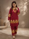 Tulip Aari Work Cord Set in Ruby Cotton with Floral Motifs