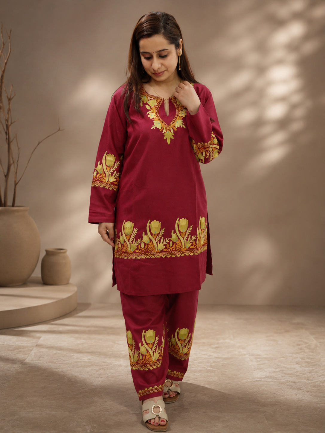 Tulip Aari Work Cord Set in Ruby Cotton with Floral Motifs
