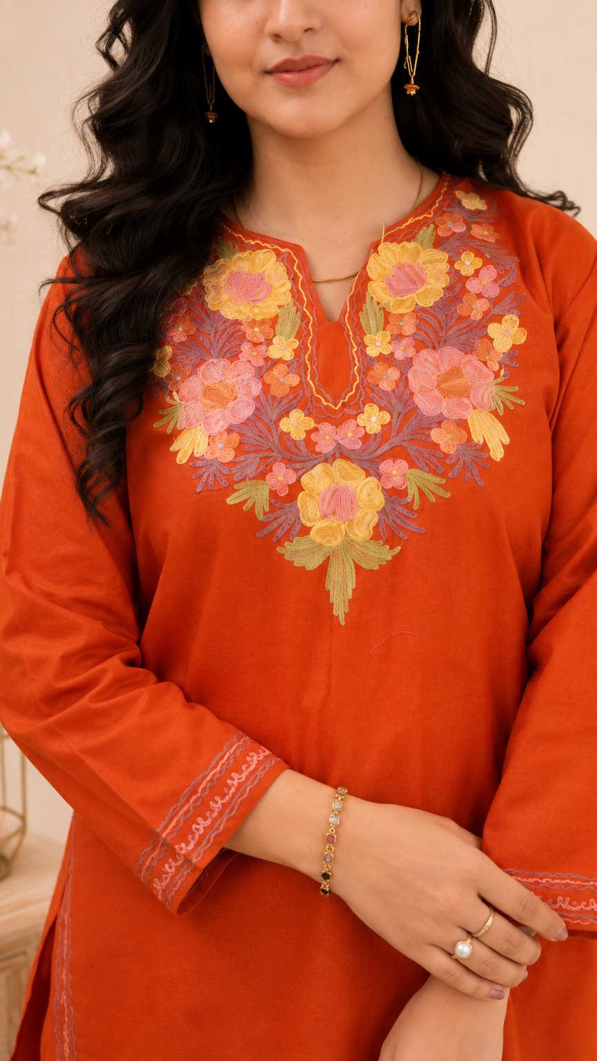Rust Purple Aari Work Short Kurti in Ruby Cotton