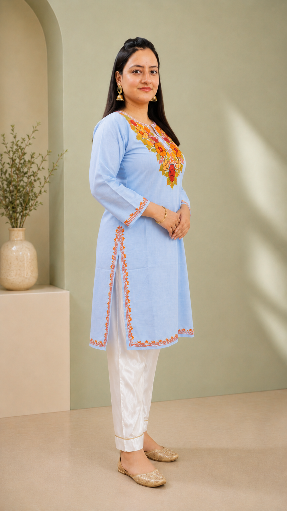 Sky Blue Aari Work Long Kurti in Ruby Cotton