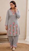 Thari Daman Aari Work Cord Set in Ruby Cotton Grey