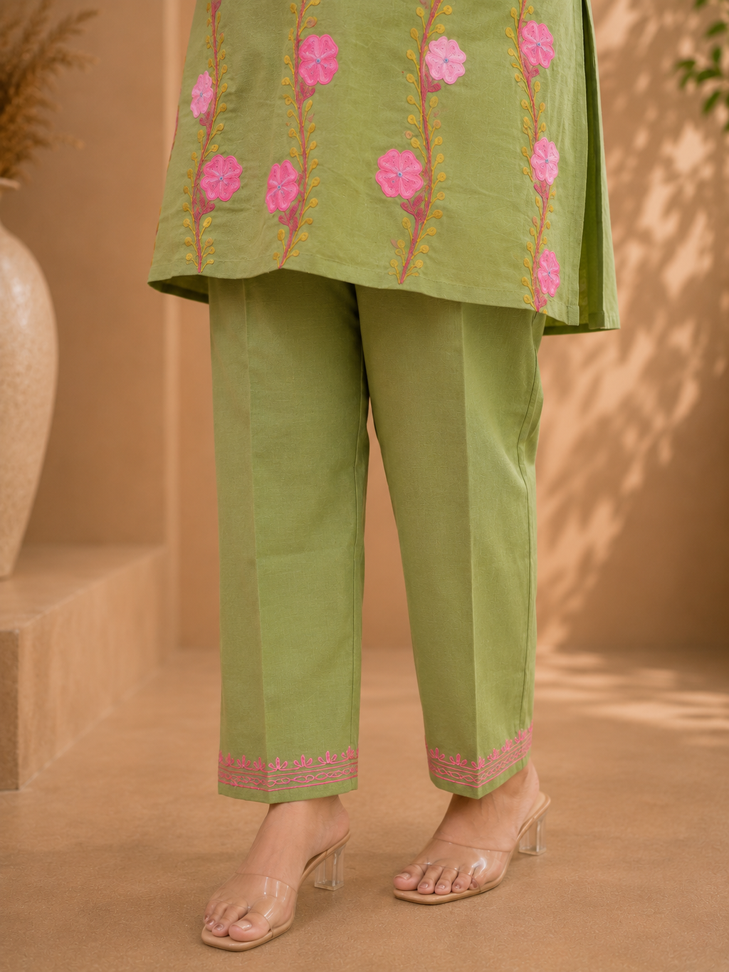 Olive Ruby Cotton Thari Daman Aari Work Cord Set