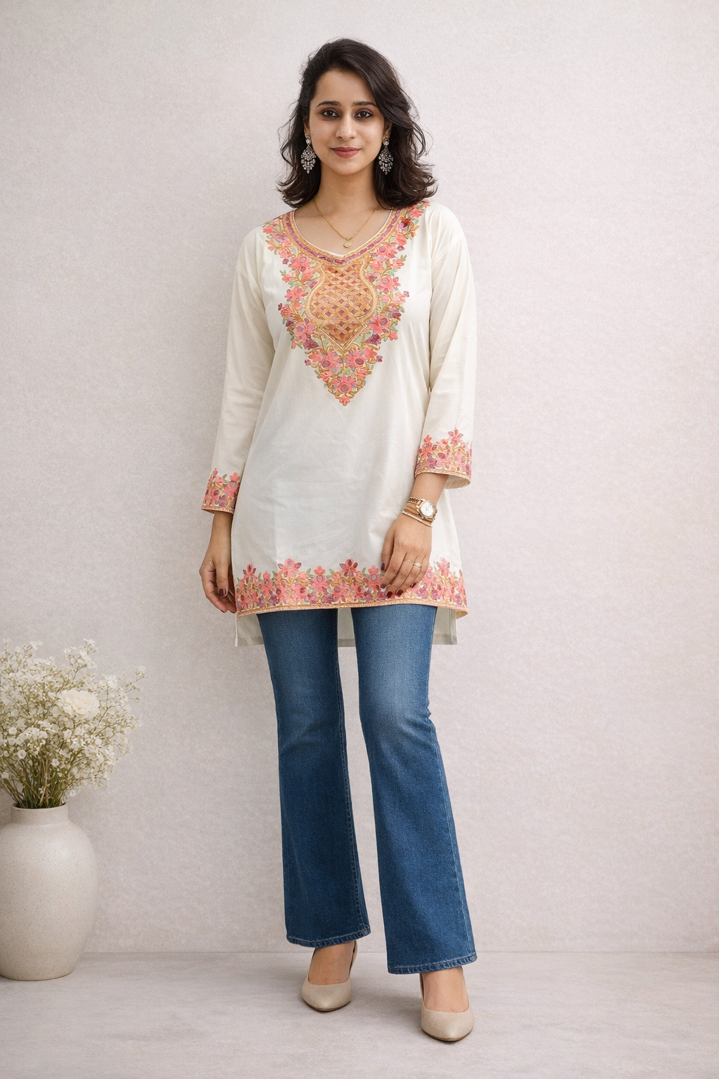 Rayon Cream Pink Kashmiri Aari Work Short Kurta