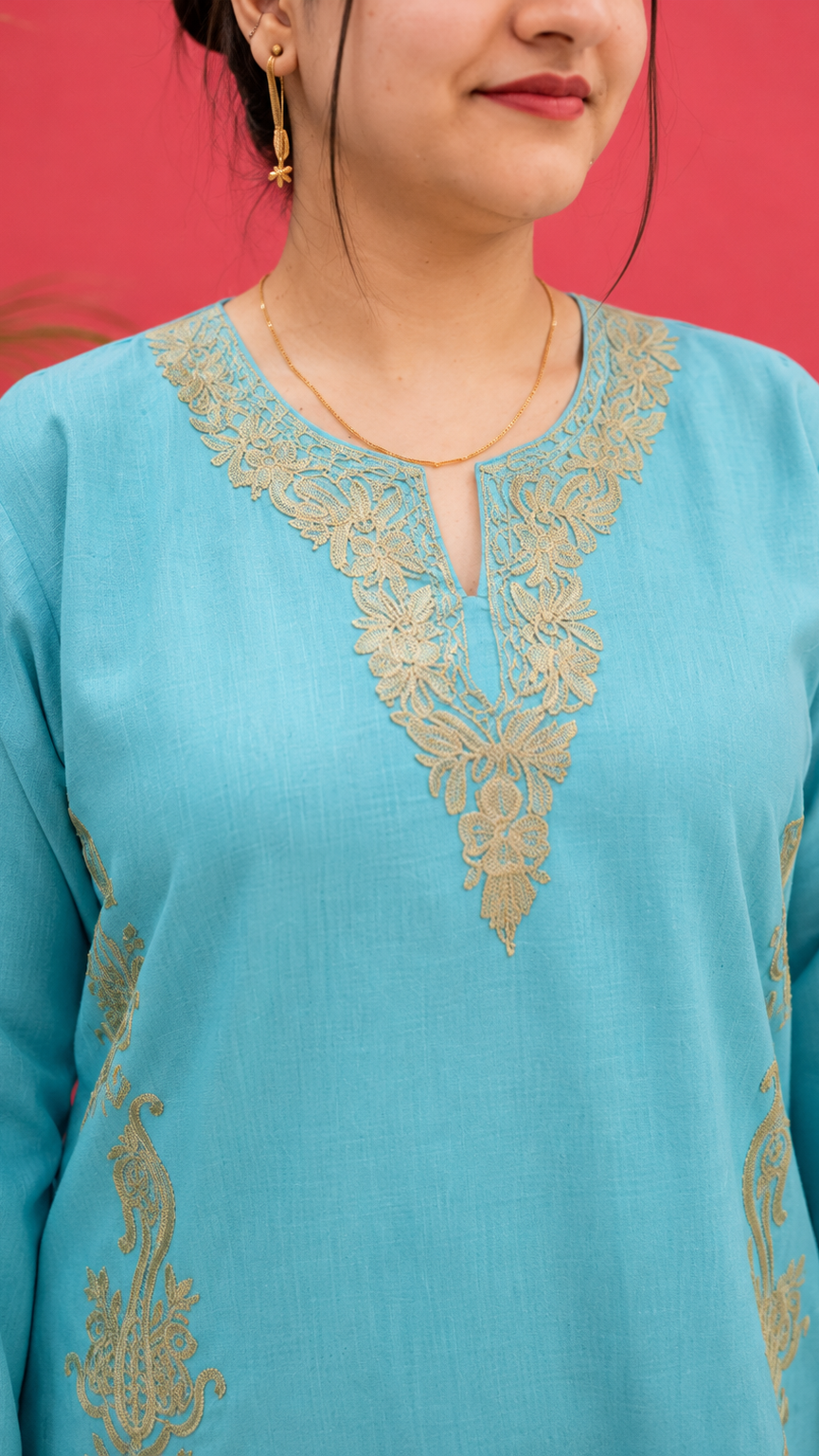 Sky Blue Badami Side Aari Work Cord Set in Ruby Cotton