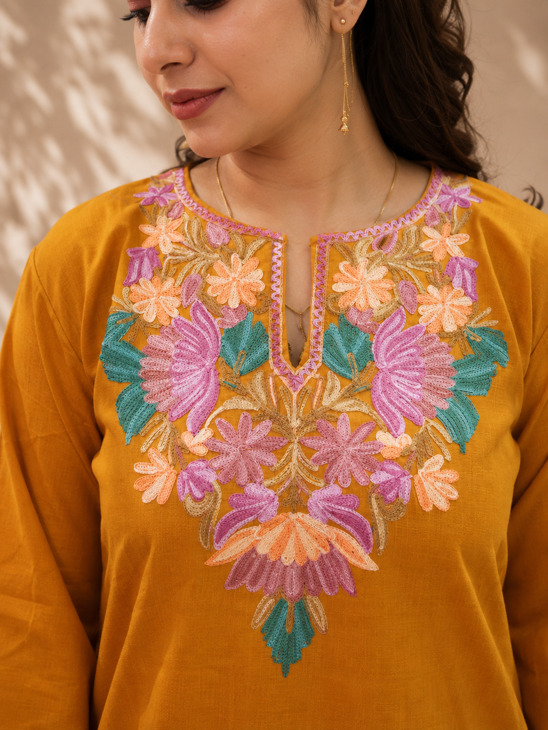 Aari Work Short Cord Set in Ruby Cotton with Floral Embroidery
