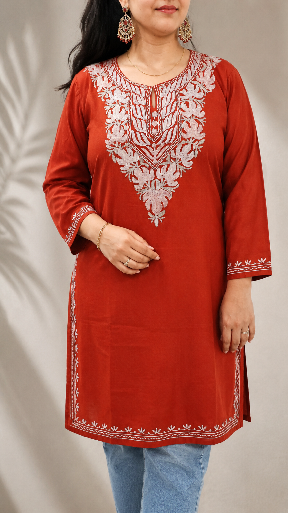 Aari Work Long Kurti in Rust Ruby Cotton