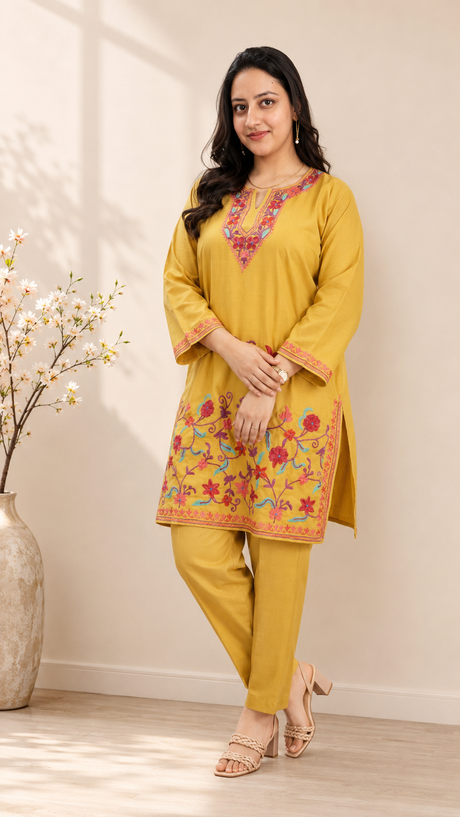 Golden Red Jali Daman Aari Work Cord Set in Ruby Cotton