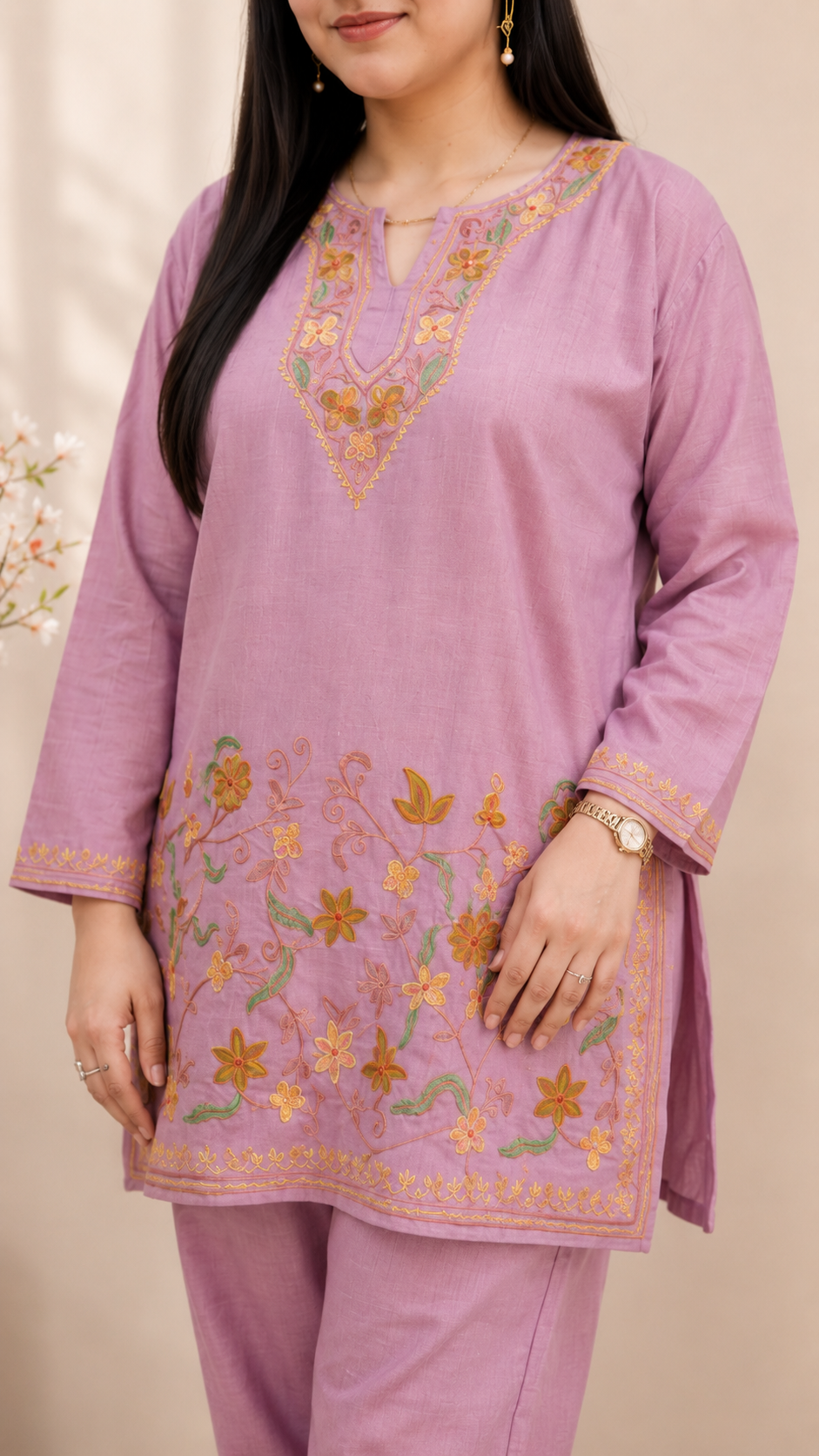 Lavender Ruby Cotton Jali Daman Aari Work Cord Set