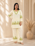 Tulip Aari Work Cord Set in Light Yellow Ruby Cotton