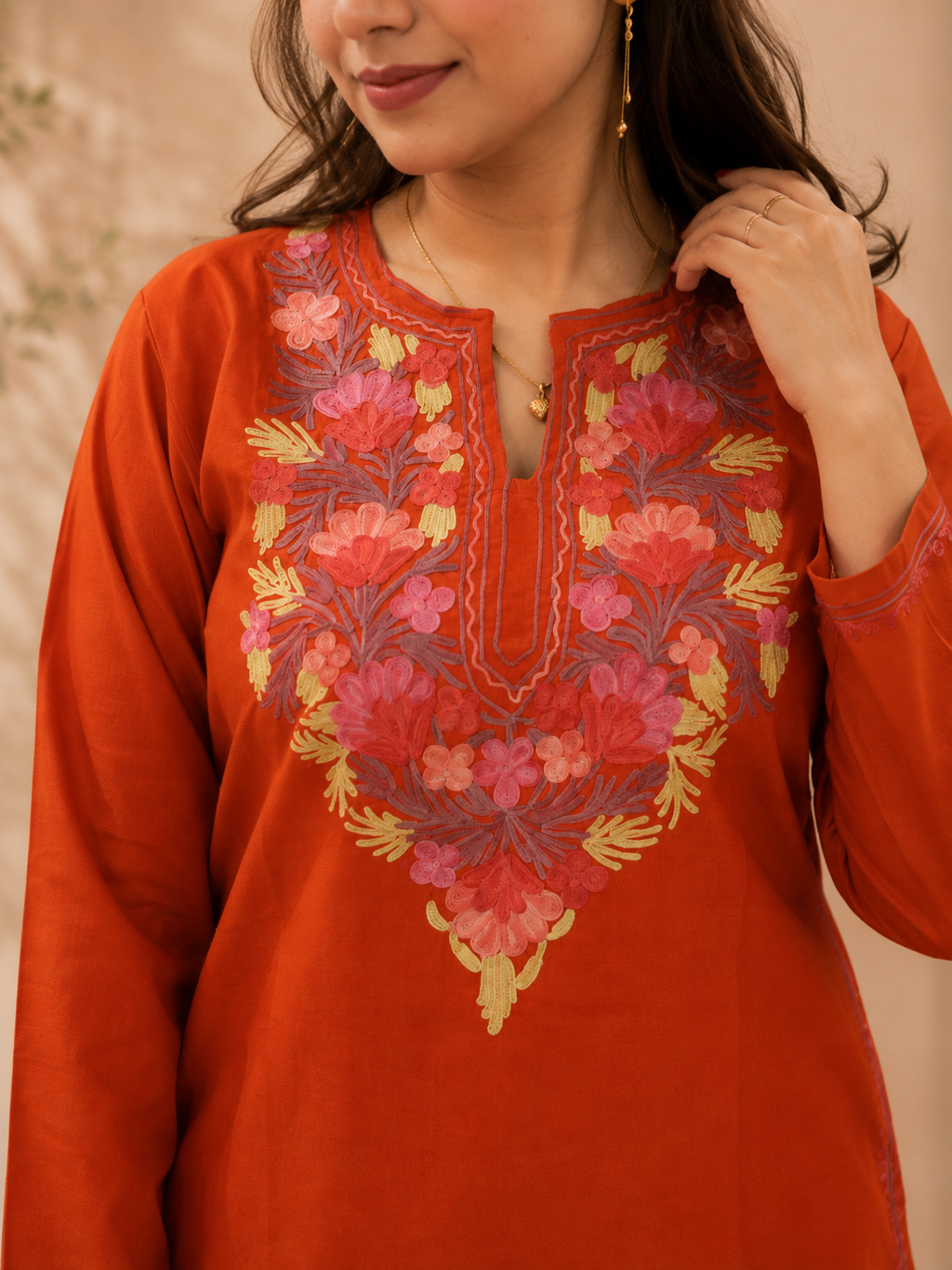 Aari Work Cord Set in Vibrant Orange Pink