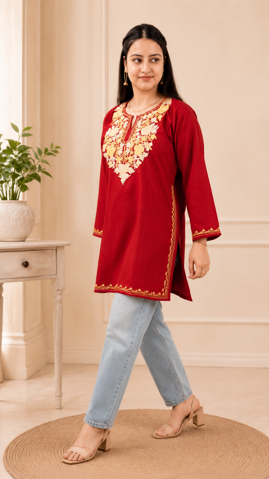 Aari Work Short Kurti in Ruby Cotton with Floral Motif