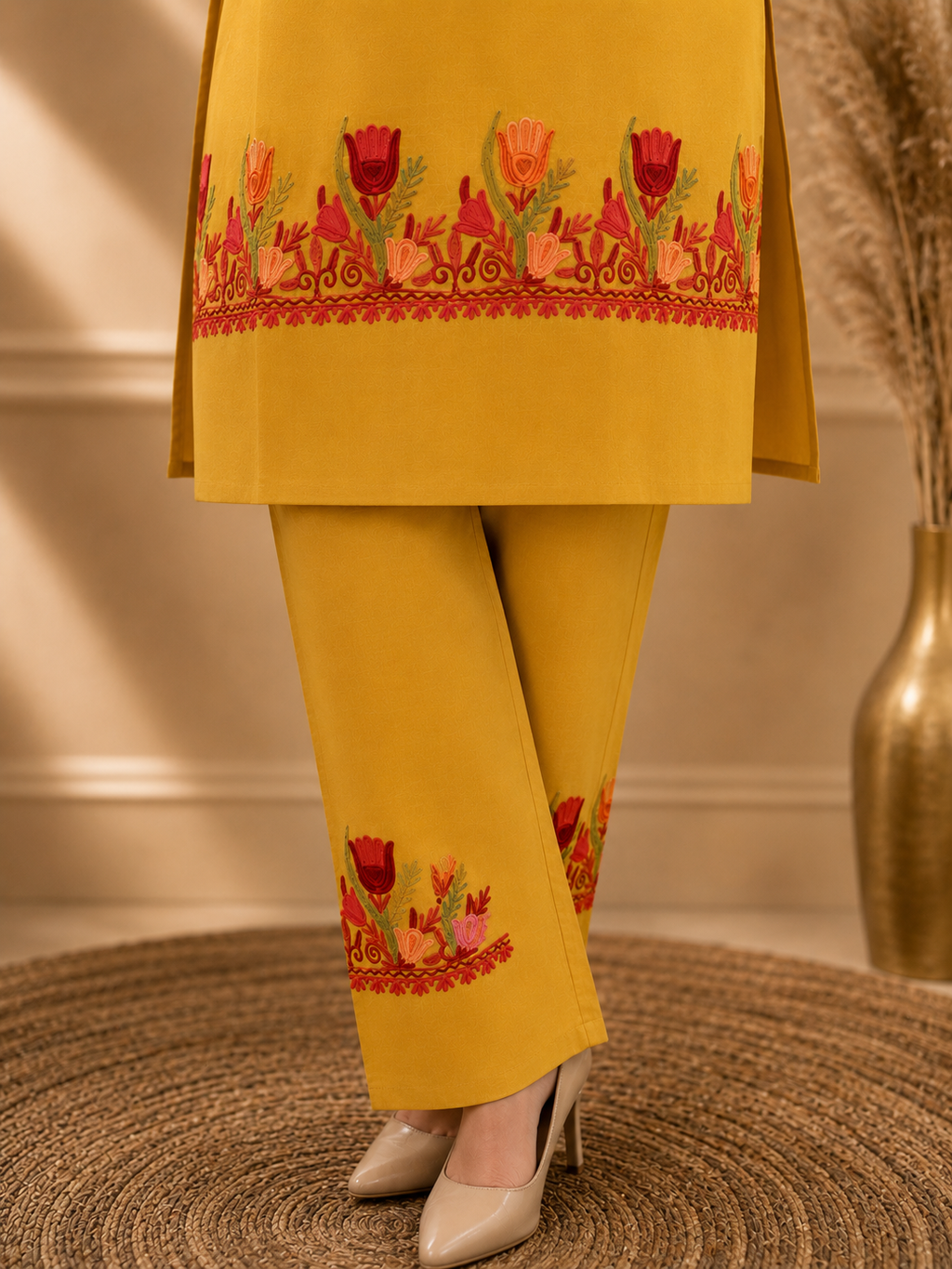 Tulip Aari Work Cord Set in Mustard Ruby Cotton