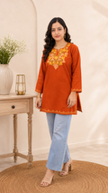 Rust Green Aari Work Short Kurti in Ruby Cotton
