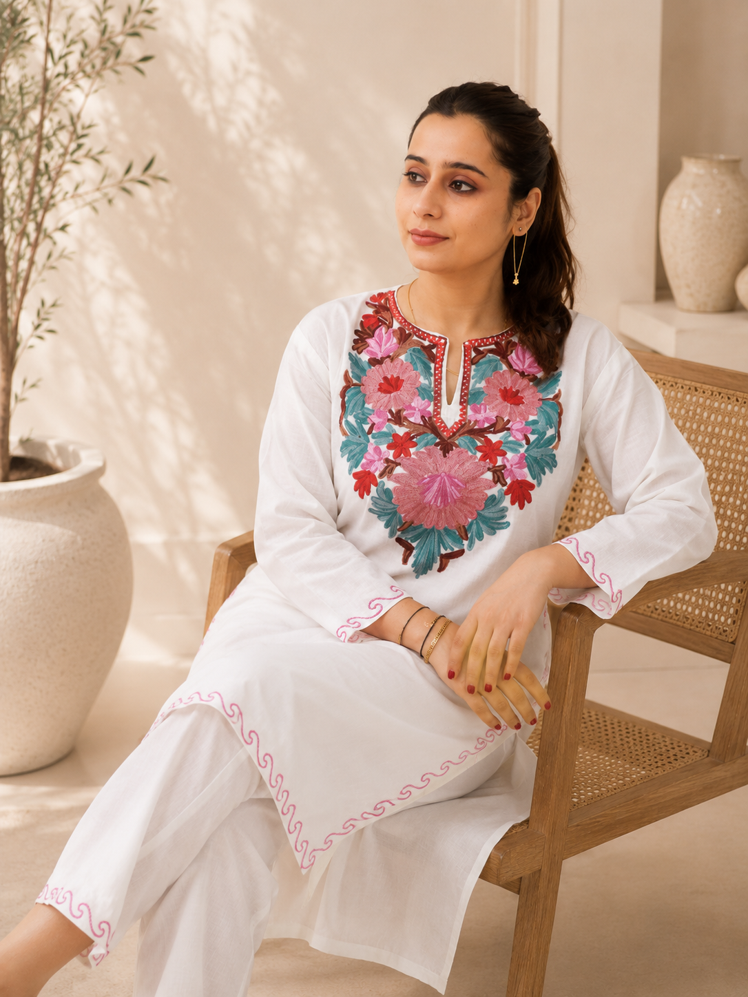 Aari Work Short Cord Set in White Ruby Cotton