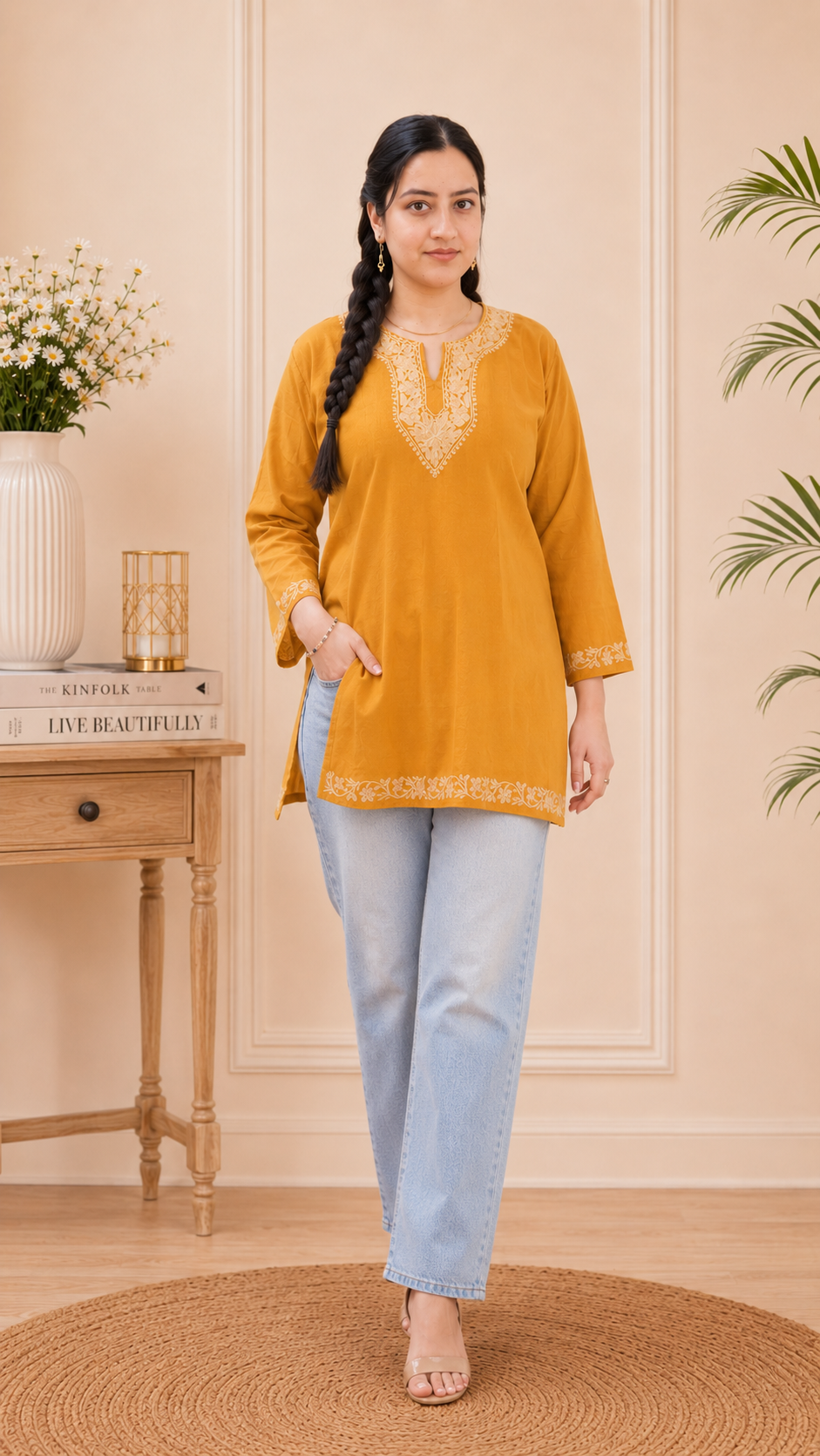 Aari Work Short Kurti in Golden Blue Ruby Cotton