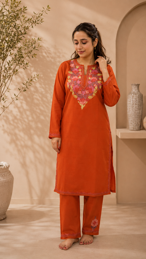Aari Work Cord Set in Vibrant Orange Pink