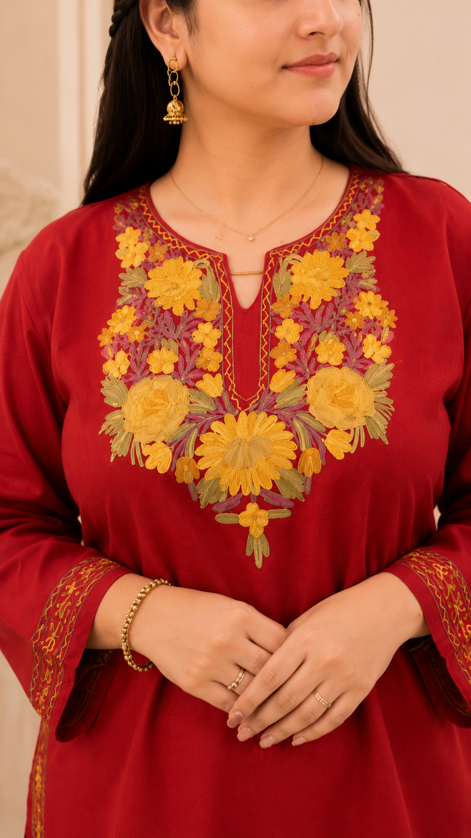 Aari Work Short Kurti in Ruby Cotton with Floral Motifs