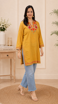 Aari Work Short Kurti in Golden Orange Red Ruby Cotton
