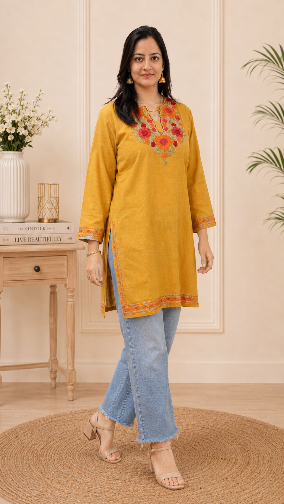 Aari Work Short Kurti in Golden Orange Red Ruby Cotton