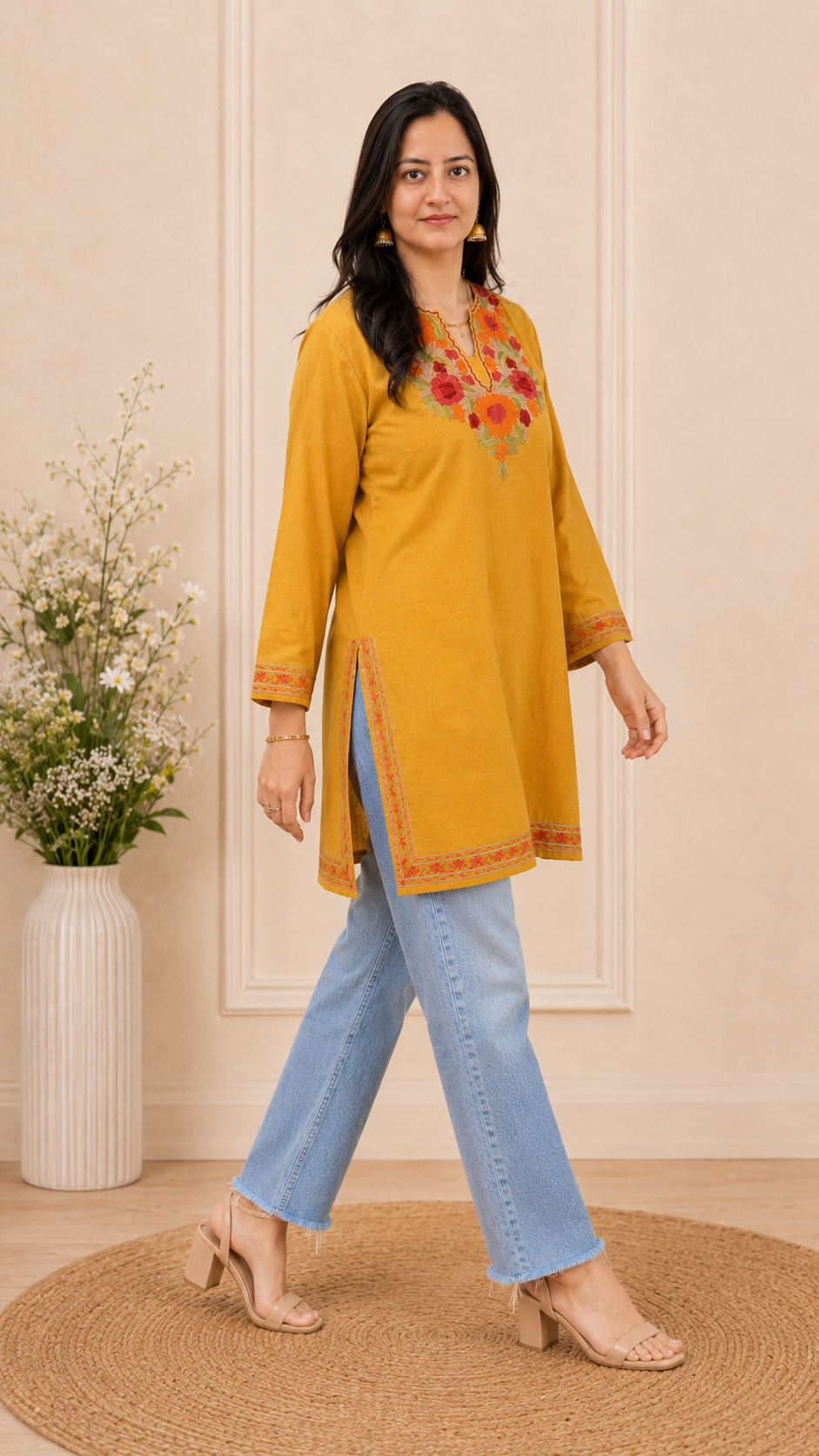Aari Work Short Kurti in Golden Orange Red Ruby Cotton