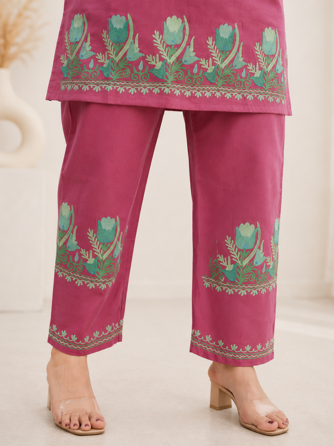 Tulip Aari Work Cord Set in Ruby Cotton with Floral Motifs