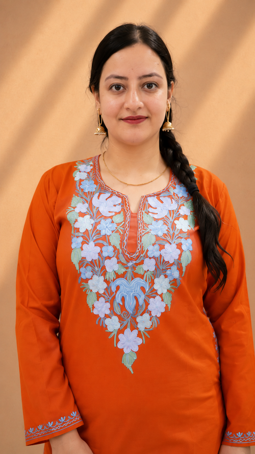 Aari Work Cord Set in Ruby Cotton with Floral Motifs