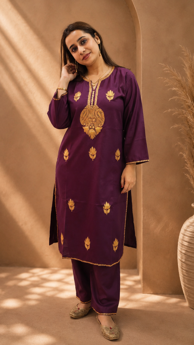 Kashmiri Tilla Work Cord Set in Wine Ruby Cotton