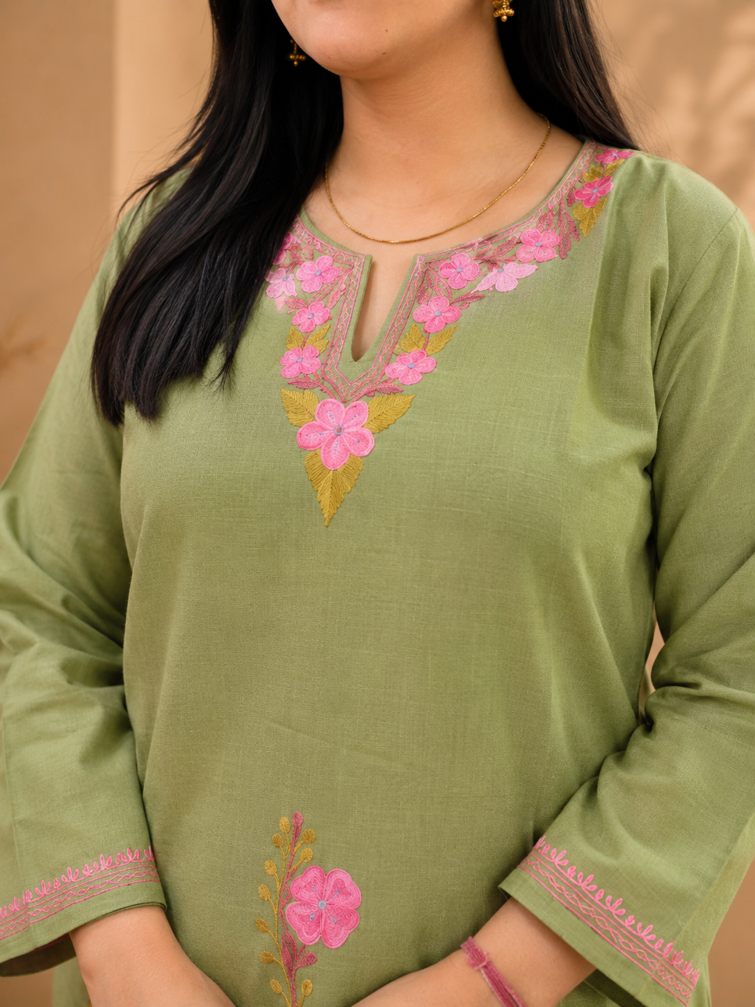 Olive Ruby Cotton Thari Daman Aari Work Cord Set