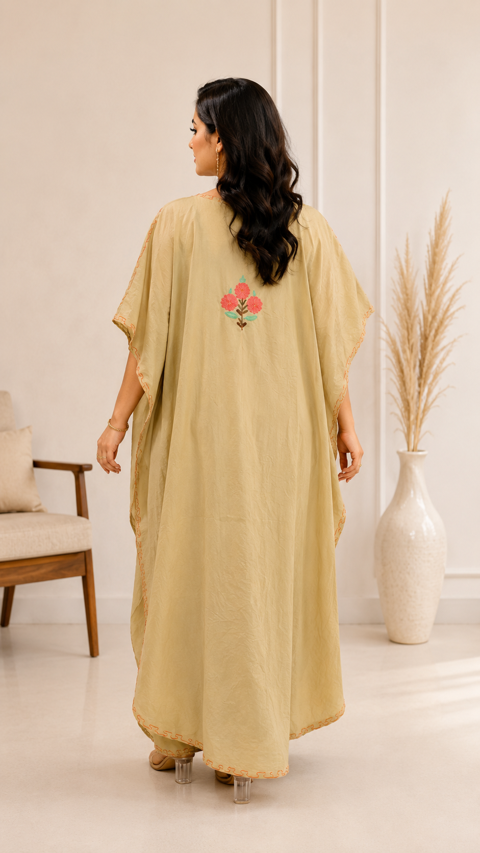 Beige Crushed Cotton Kaftan with Aari Floral Motif