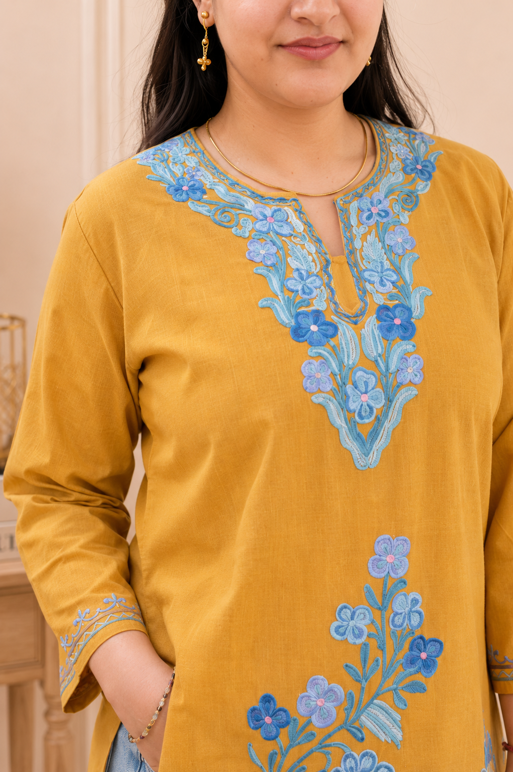 Floral Aari Work Short Kurti in Golden Navy Blue Ruby Cotton