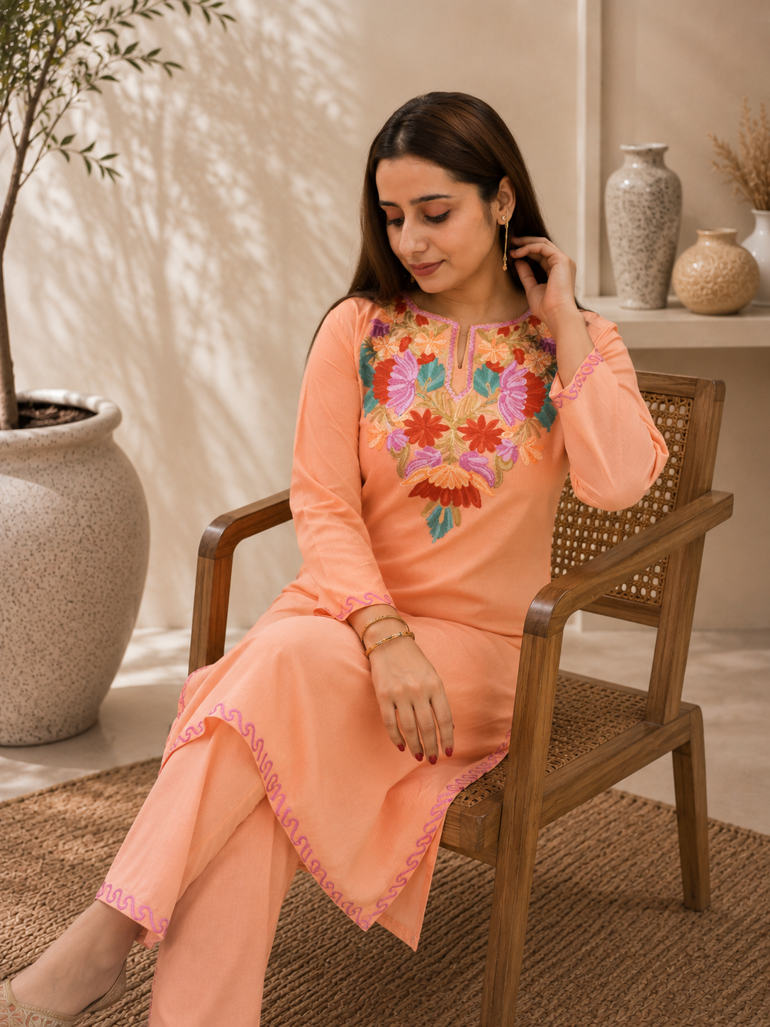 Aari Work Short Cord Set in Peach Ruby Cotton