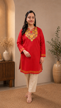 Aari Work Long Kurti in Rich Ruby Cotton