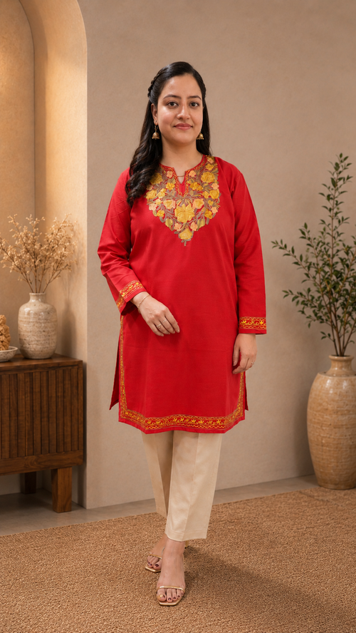 Aari Work Long Kurti in Rich Ruby Cotton