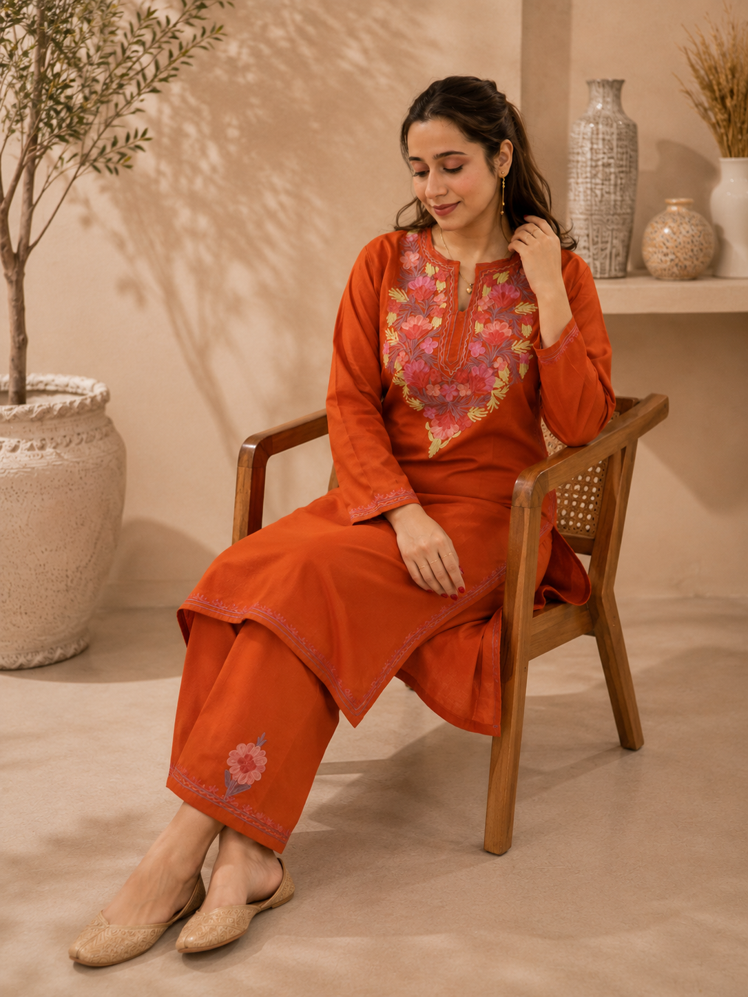 Aari Work Cord Set in Vibrant Orange Pink