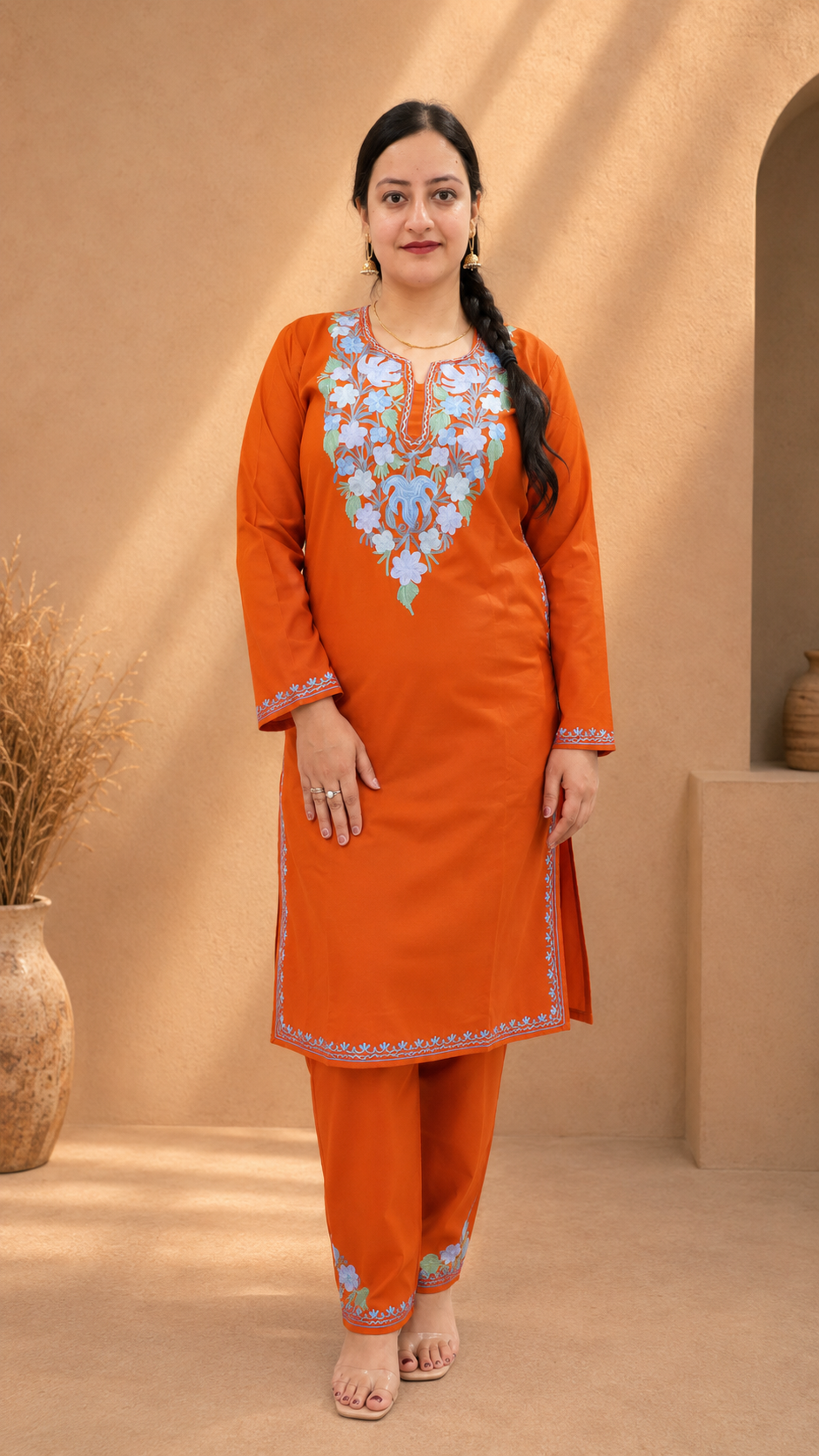 Aari Work Cord Set in Ruby Cotton with Floral Motifs