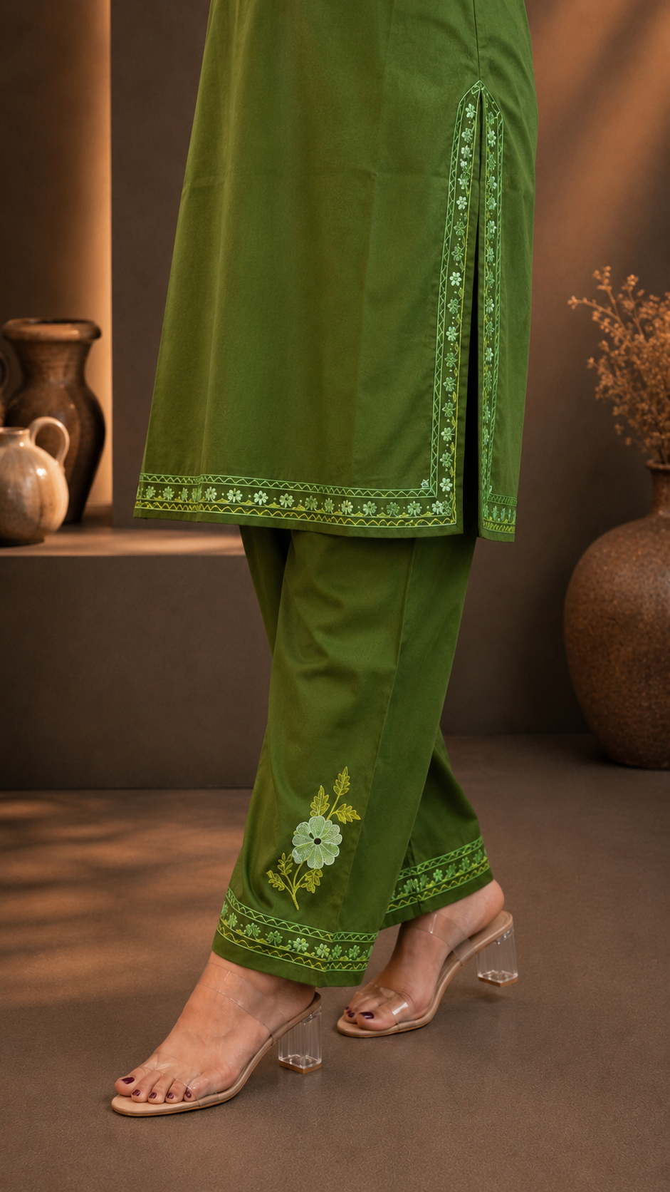 Aari Work Cord Set in Green Ruby Cotton with Floral Motifs