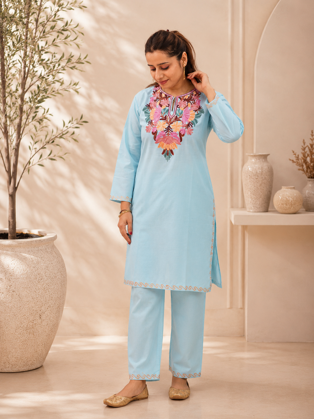 Sky Blue Aari Work Short Cord Set in Ruby Cotton