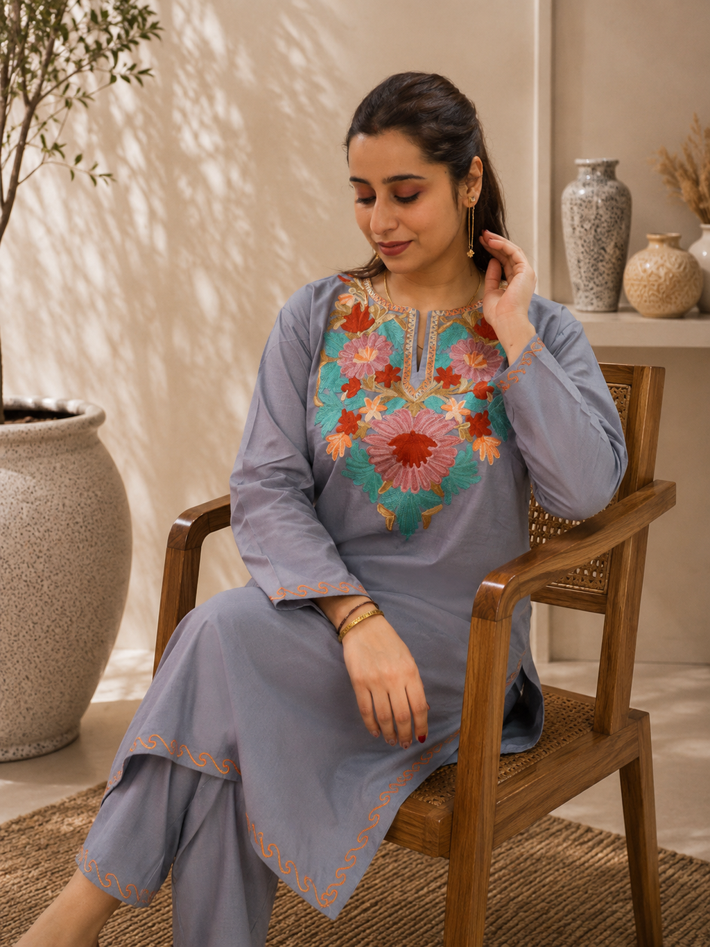 Intricate Aari Work Short Cord Set in Grey Ruby Cotton