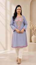 Aari Work Long Kurti in Grey Pink Ruby Cotton
