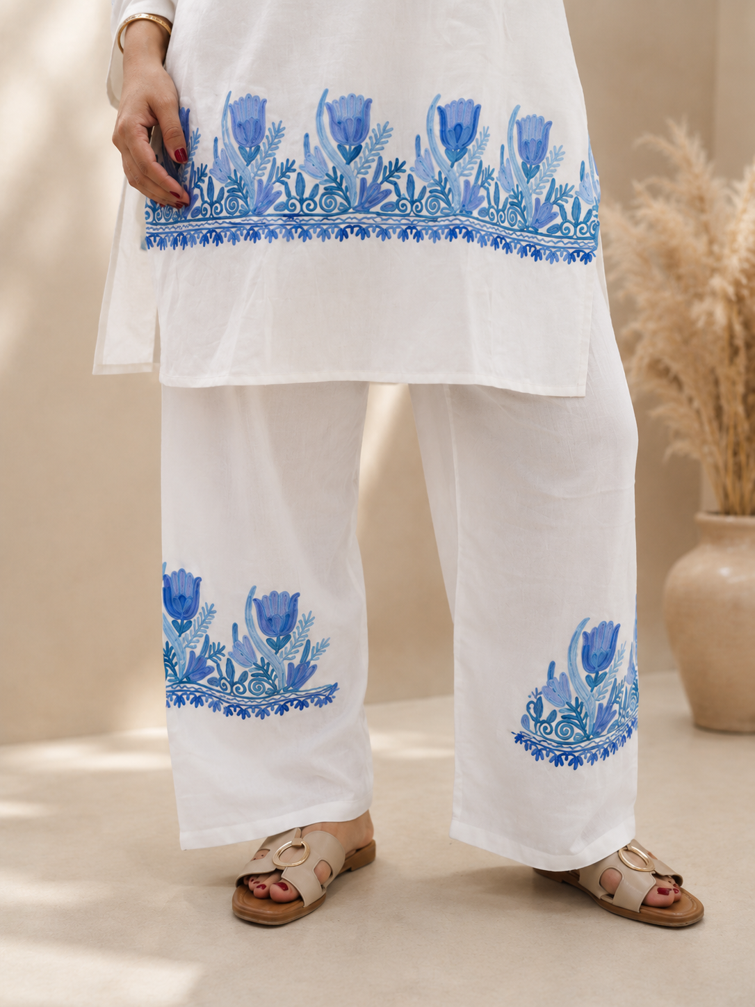 Tulip Aari Work Cord Set in White Blue on Ruby Cotton