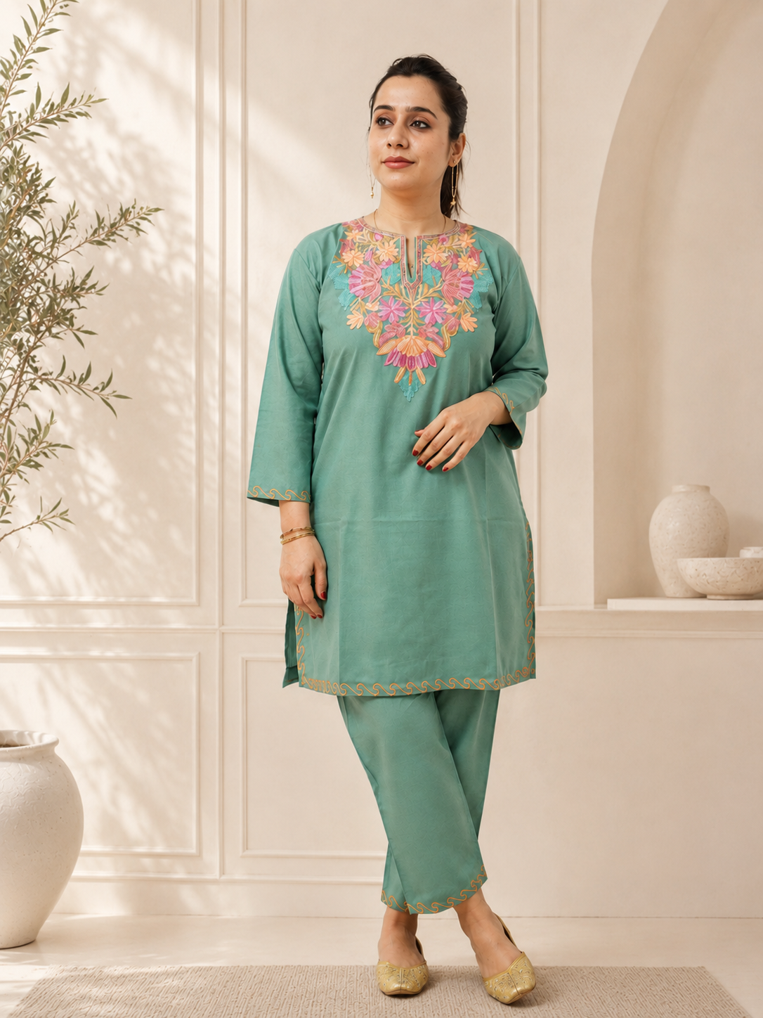 Handcrafted Aari Work Short Cord Set in Sea Green Cotton