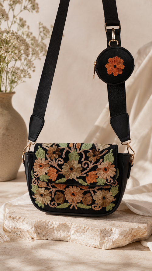 Aari Work Black Sling Bag Handbag with Gold Accents