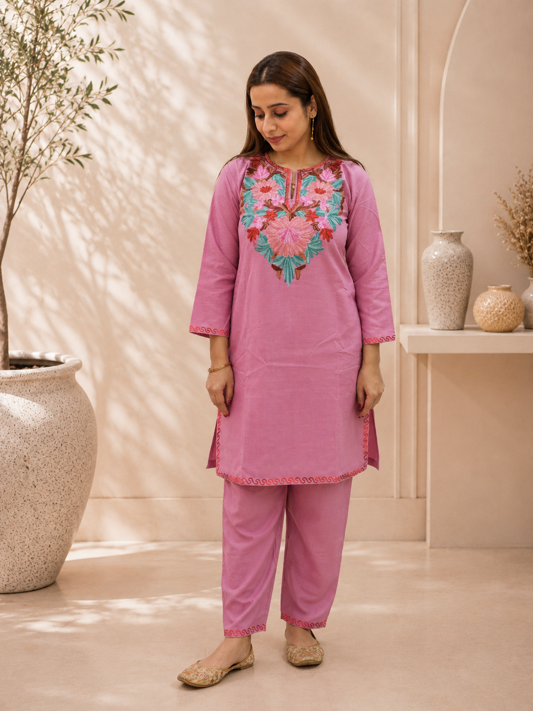 Dark Pink Aari Work Short Cord Set in Ruby Cotton
