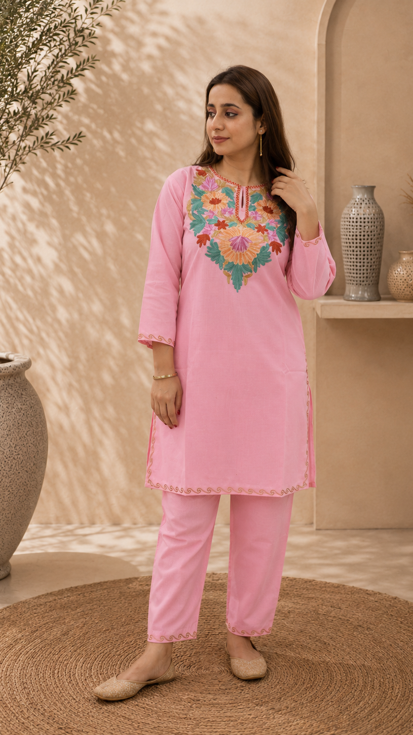 Aari Work Short Cord Set in Pink Green Ruby Cotton