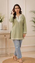 Handcrafted Aari Work Short Kurti in Green Blue Ruby Cotton
