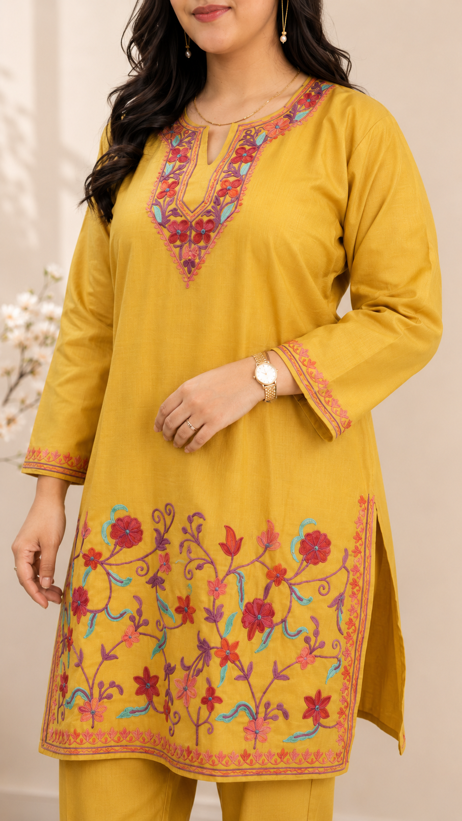 Golden Red Jali Daman Aari Work Cord Set in Ruby Cotton