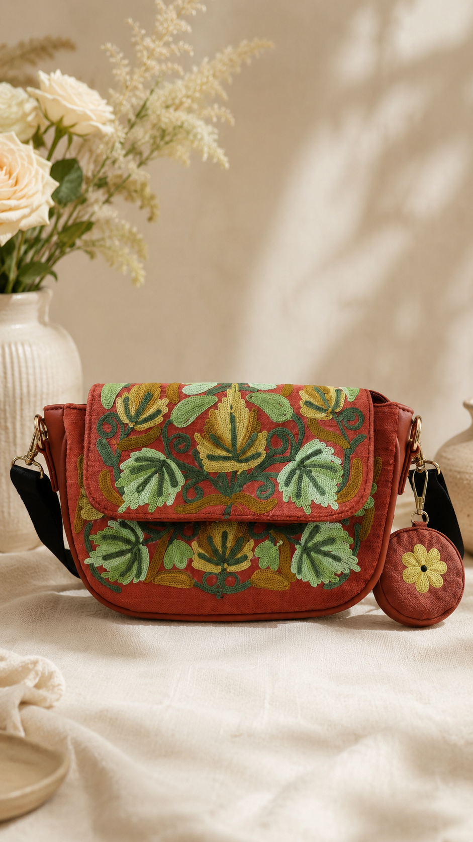 Coral Aari Work Sling Bag with Floral Motifs