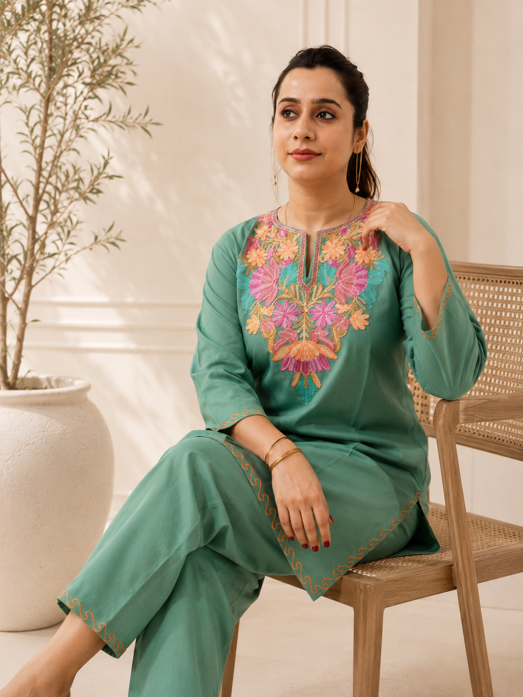 Handcrafted Aari Work Short Cord Set in Sea Green Cotton