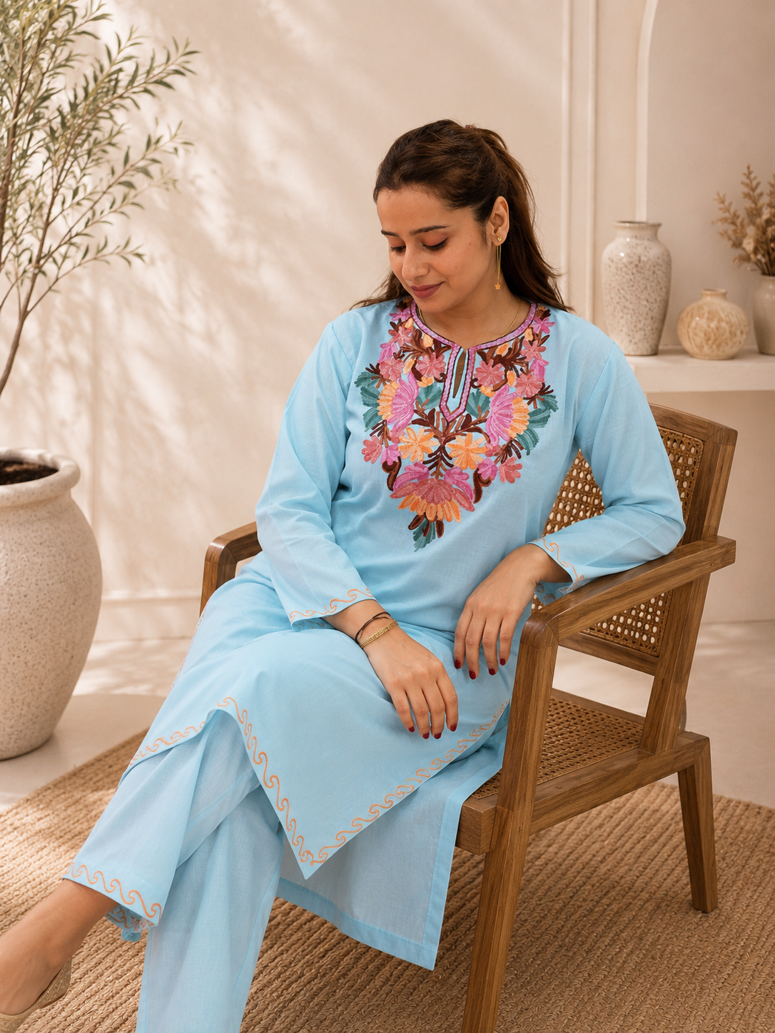 Sky Blue Aari Work Short Cord Set in Ruby Cotton