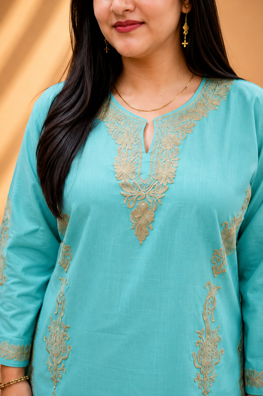 Badami Side Aari Work Cord Set in Sea Green Cotton